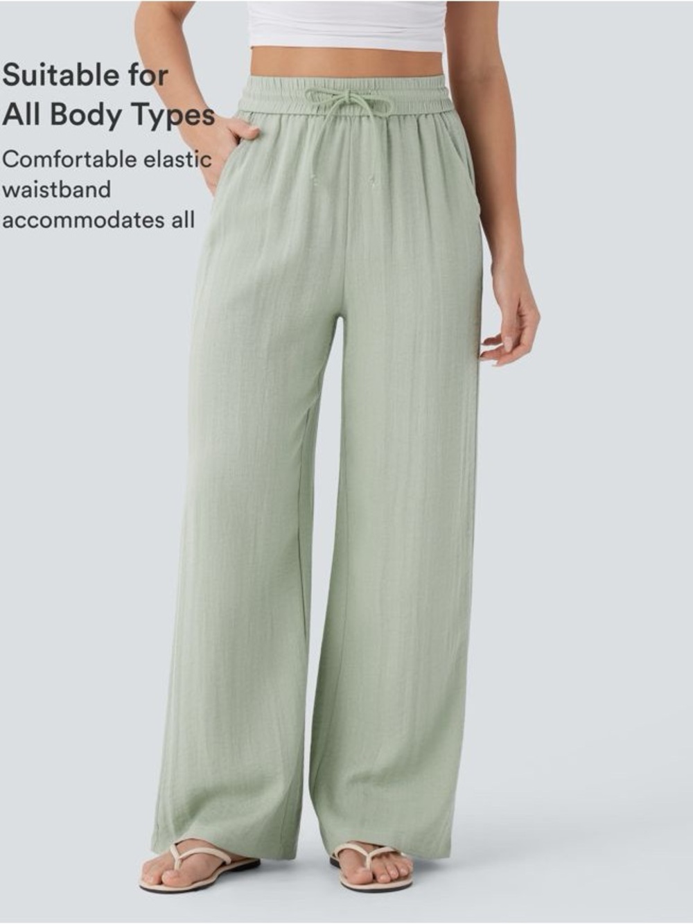 NWT Halara High Waisted Wide Leg Linen-Feel Pants Pale Aqua Green M $40 MSRP